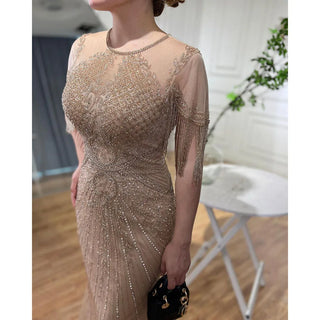 Ships in 1 to 3 Days - Caramel Cascade: Cap Sleeves Tassel Mermaid Gown with Beading – Mother of the Bride 2024 Wedding Party Elegance