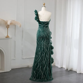 Emerald Elegance: Beaded One-Shoulder Mermaid Gown for Evening & Weddings