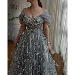 Ships in 1 to 3 Days - Grey A-Line Evening Dress 2024 with Sexy Off-Shoulder Design, Beaded Feathers Luxury - Ideal for Women's Wedding Party