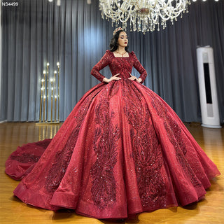 Radiant Glamour: Long Sleeve Sparkly Red Sequin Ball Gown Evening Party Dress for Women