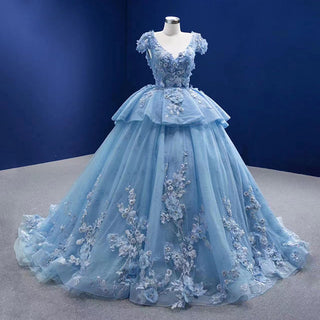 Floral Fantasy: Elegant Blue 3D Flower Plus Size Ball Gown Evening Dress