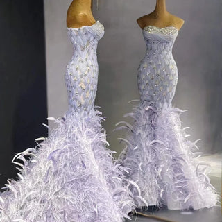 QUEENS DUBAI: Royal Radiance - Purple Ostrich Fur Mermaid Sweetheart Heavy Rhinestone Beaded Luxury Costume Dress for a Beaded Fashion Show