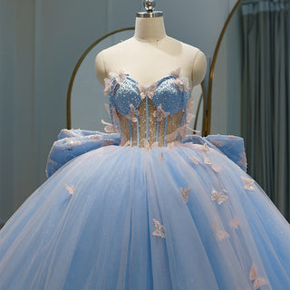 Dreamy Elegance: Royal Blue Sweetheart Dress with Butterfly Ball Gown and Back Bow