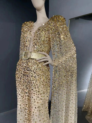 QUEENS DUBAI: Gold Stage Costume Dress with Shawl - Deep V-Neck Sequins Lace Luxury Cocktail & Evening Dress