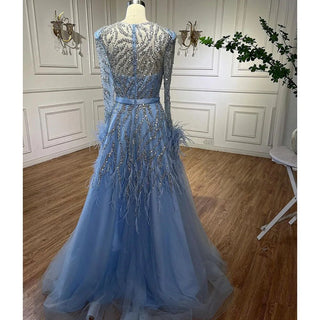 2024 Arabic Blue A-Line Evening Gown: Luxurious Beading and Feathers - Dubai-Inspired Elegance for Women's Wedding Party