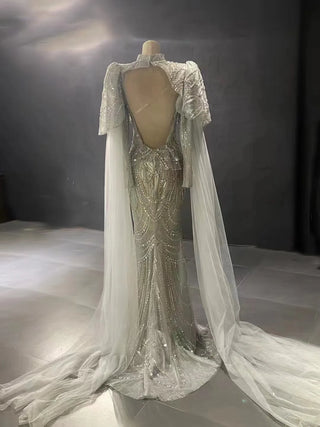 QUEENS DUBAI: Grey Elegance - Mermaid Stage Costume Dress with Open Back, Slit, Sexy Beaded Lace, and Cape