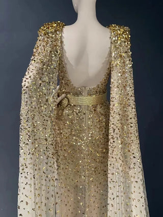 QUEENS DUBAI: Gold Stage Costume Dress with Shawl - Deep V-Neck Sequins Lace Luxury Cocktail & Evening Dress