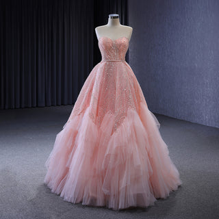 Enchanted Blush: Romantic Pink Ball Gown with Sweetheart Neckline, Beading, and Sequins