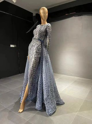 QUEENS DUBAI: Siren's Allure - Mermaid Costume Dress with Sexy Slit, Long Sleeves, and Detachable Train for Luxury Fashion Show Evening