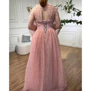 Pink A-Line O Neck Long Sleeve Dubai Evening Dress 2024 with Handmade Flowers and Pearls