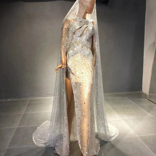 QUEENS DUBAI: Champagne Sparkle Mermaid - Glittery Slit Dress with Captivating Cape