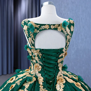 Enchanted Elegance: Glitter Green Floral Ball Gown for Formal Events and Bridal Occasions