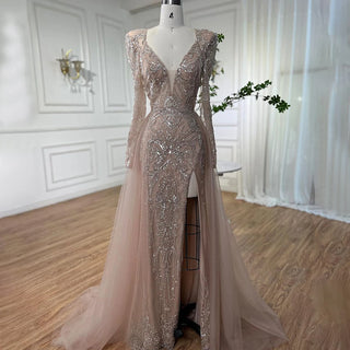 Ships in 1 to 3 Days - Nude Muslim Mermaid Evening Dress 2024 with V-Neck, Beaded Luxury - Ideal for Women's Wedding Party