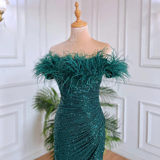 Green Sexy Mermaid High Split Feathers Evening Gown: Formal Luxury for Women's Wedding Party 2024