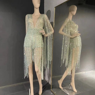 QUEENS DUBAI: Dazzling Temptation - Mini Dress with Beaded Tassel, Deep V Neck Costume Elegance for the Runway