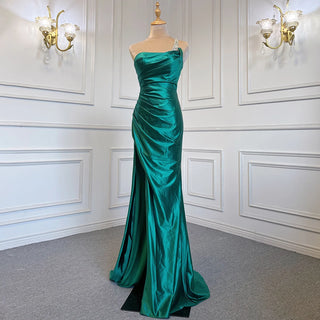 Emerald Enchantment: Green One-Shoulder Satin Mermaid Gown with Beaded Elegance – Arabic Evening Chic 2024