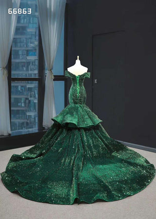 Emerald Enchantment: One-Shoulder Crystal Green Mermaid Evening Gown