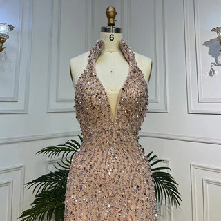 2024 Nude Mermaid Evening Gown: Sexy Halter Neckline with High Split and Exquisite Arabic Beading for Women's Wedding Party