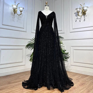 Black Arabic Cape Sleeves Evening Dress 2024 - Luxury Beaded A-Line Gown for Women's Party