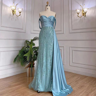 Oceanic Allure: Strapless Turquoise Mermaid Gown with Lace Beading and Detachable Skirt 2024