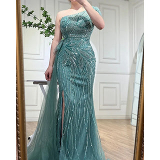 Turquoise Mermaid Elegant Evening Gown: 2024 High Split with Skirt, Beaded Feathers for Women's Party