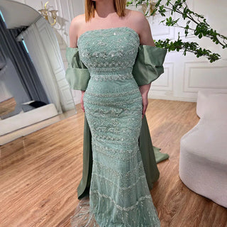 Arabic Sage Blue Elegant Mermaid Strapless Evening Dress: Beaded Sophistication for Women's Wedding Party 2024