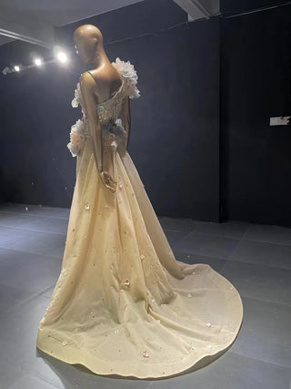 QUEENS DUBAI: Champagne 3D Flower Lace Costume Dress with Detachable Train - Fashion Show Cocktail Evening Elegance