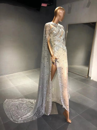 QUEENS DUBAI: Champagne Sparkle Mermaid - Glittery Slit Dress with Captivating Cape