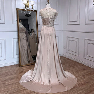 2024 Arabic Nude Mermaid Evening Gown: Elegant Satin with Overskirt and Luxury Beading for Women's Party Glamour