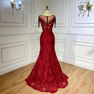 Crimson Cascade: 2024 Wine Red Lace Beaded Tassel Mermaid Evening Gown