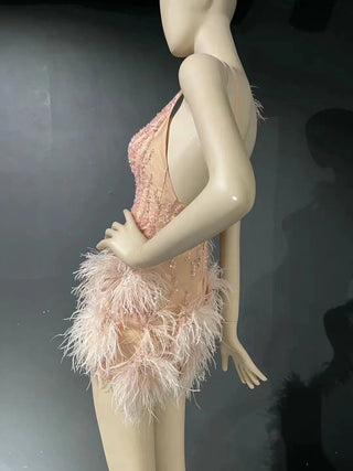 QUEENS DUBAI: Pink Beaded Elegance - Short Skirt Costume Dress with Ostrich Feather for a Sexy V-Neck Evening Affair