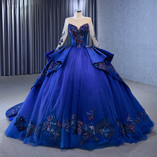 Blooms of Elegance: Blue Floral Print O-Neck Ball Gown with Sequins and Chapel Train Evening Dress