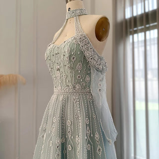 Light Blue Elegance: Luxury Evening Ball Gown with Off-Shoulder Design and Beaded Detail - Perfect for Formal Occasions