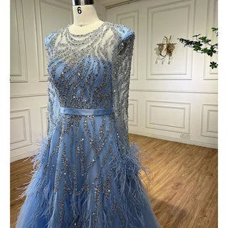 2024 Arabic Blue A-Line Evening Gown: Luxurious Beading and Feathers - Dubai-Inspired Elegance for Women's Wedding Party