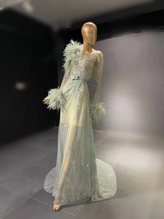 QUEENS DUBAI: Mint Green Costume Dress - Long Sleeve Ostrich Feather - Luxury Fashion Show Cocktail & Evening Dress