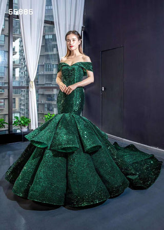 Emerald Enchantment: One-Shoulder Crystal Green Mermaid Evening Gown