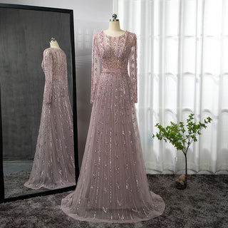 Pink Mermaid Elegant Evening Gown 2024: O-Neck, Long Sleeves, Luxury Beaded for Woman Party