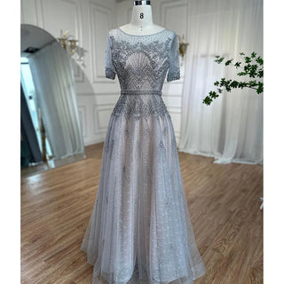 Grey O-Neck A-Line Evening Dress 2024 with Short Sleeves - Ideal for Mother of the Bride, Luxury Beaded Party Gowns