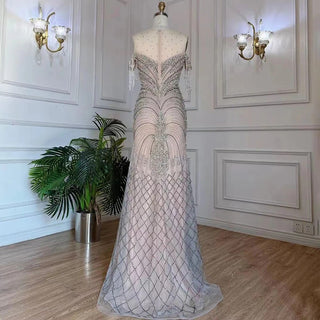 2024 Dubai-Inspired Silver-Nude Mermaid Evening Gown: Elegant Tassel Beading for Women's Luxurious Arabic Parties