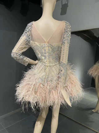 QUEENS DUBAI: Pink Feathered Elegance - V-Neck Costume Dress with Sheer Long Sleeves