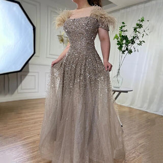 2024 Caramel A-Line Evening Gown: Sweetheart Neckline with Luxurious Beading and Feather Accents - Ideal for Women's Party Glamour