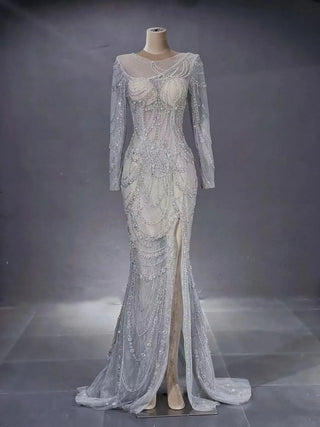 QUEENS DUBAI: Grey Elegance - Mermaid Stage Costume Dress with Open Back, Slit, Sexy Beaded Lace, and Cape