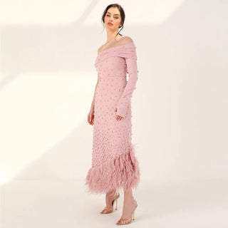 Luxury Dubai Pink Mermaid Evening Dress with Feathers: Perfect for Women's Sage Green Wedding and One-Shoulder Arabic Party Gowns (2024)