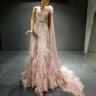 QUEENS DUBAI: Pink Enchantment - One-Shoulder Rhinestone Beaded Ostrich Feather Costume Show Dress