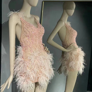 QUEENS DUBAI: Pink Beaded Elegance - Short Skirt Costume Dress with Ostrich Feather for a Sexy V-Neck Evening Affair