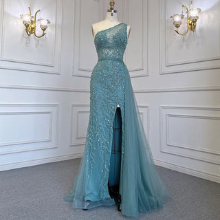 Turquoise Mermaid Evening Dress with High Split Skirt - Luxury Beaded Crystal Gown for Women (2024)