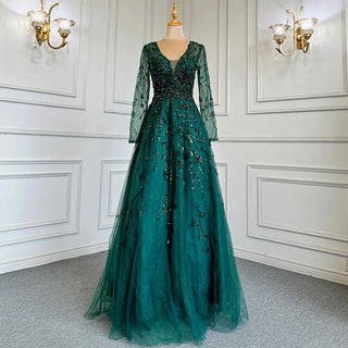 Emerald Elegance: 2024 A-Line Evening Gown with V-Neck, Long Sleeves, and Luxury Beading