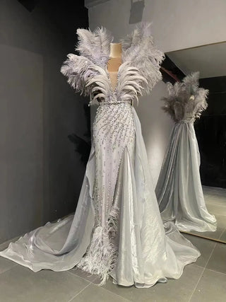 QUEENS DUBAI: Stage Dress Costume Dress with Ostrich Feather Lace - Luxury Evening Elegance