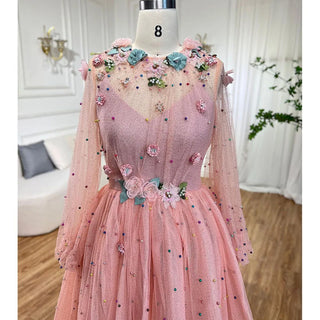 Pink A-Line O Neck Long Sleeve Dubai Evening Dress 2024 with Handmade Flowers and Pearls