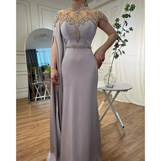 Ivory High Neck Cape Sleeve Mermaid Evening Dress: Elegant Beaded Gown for Women's Wedding Party 2024